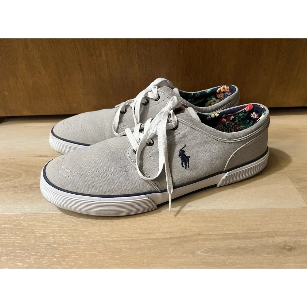 Ralph Lauren Polo Faxon Low Sneakers Men's 13D Gray Canvas Lace Up‎ Flower Print